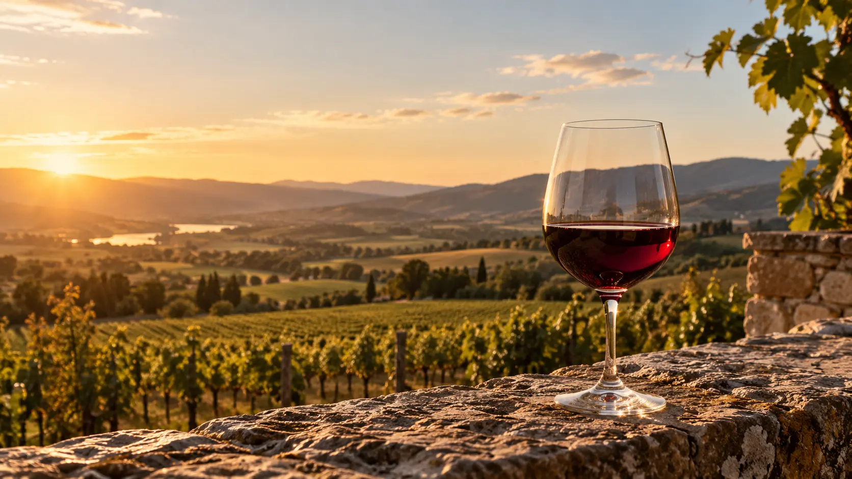 A glass of red wine overlooking a sunlit vineyard