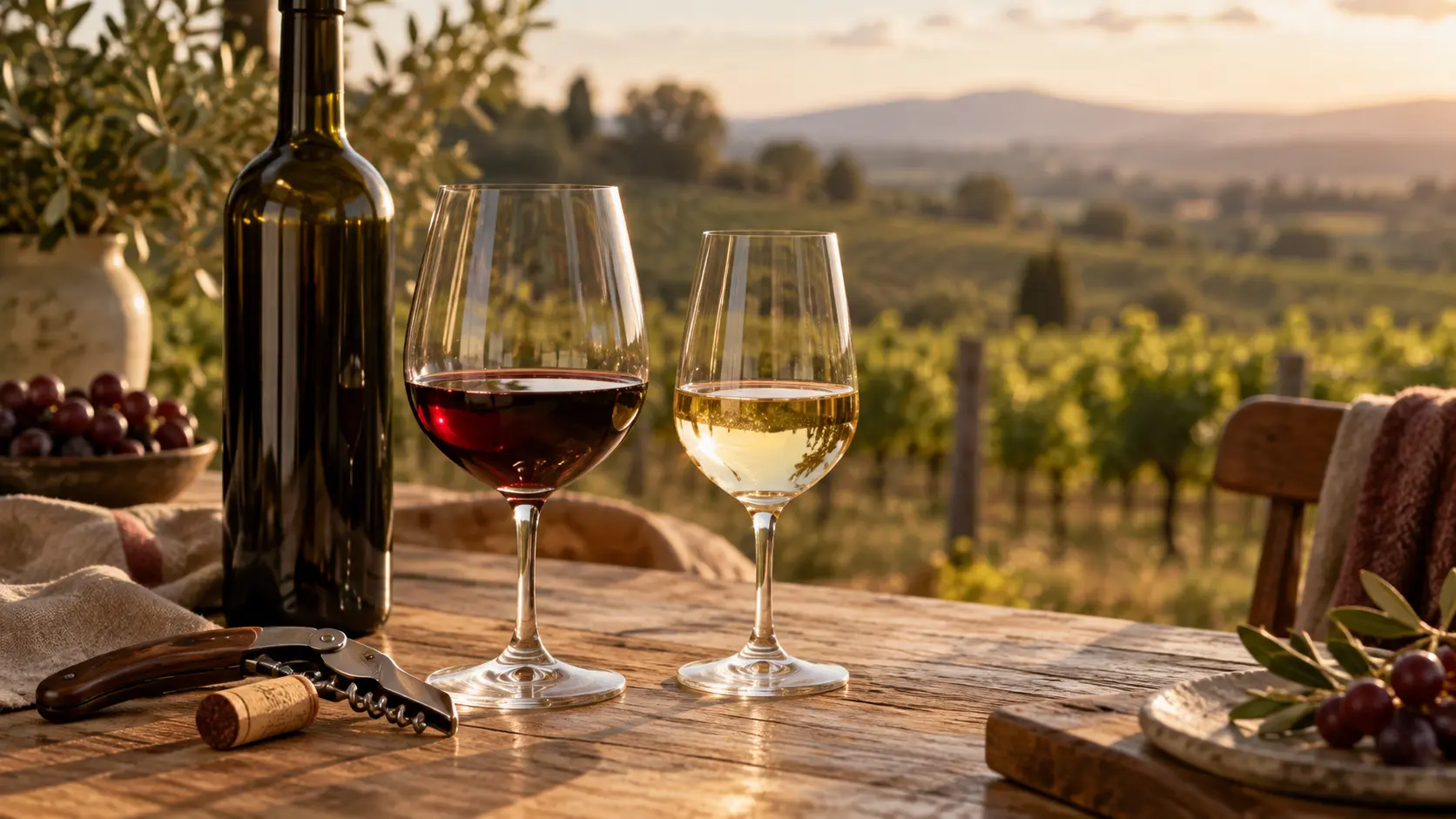 Wine glasses and a bottle on a vineyard table