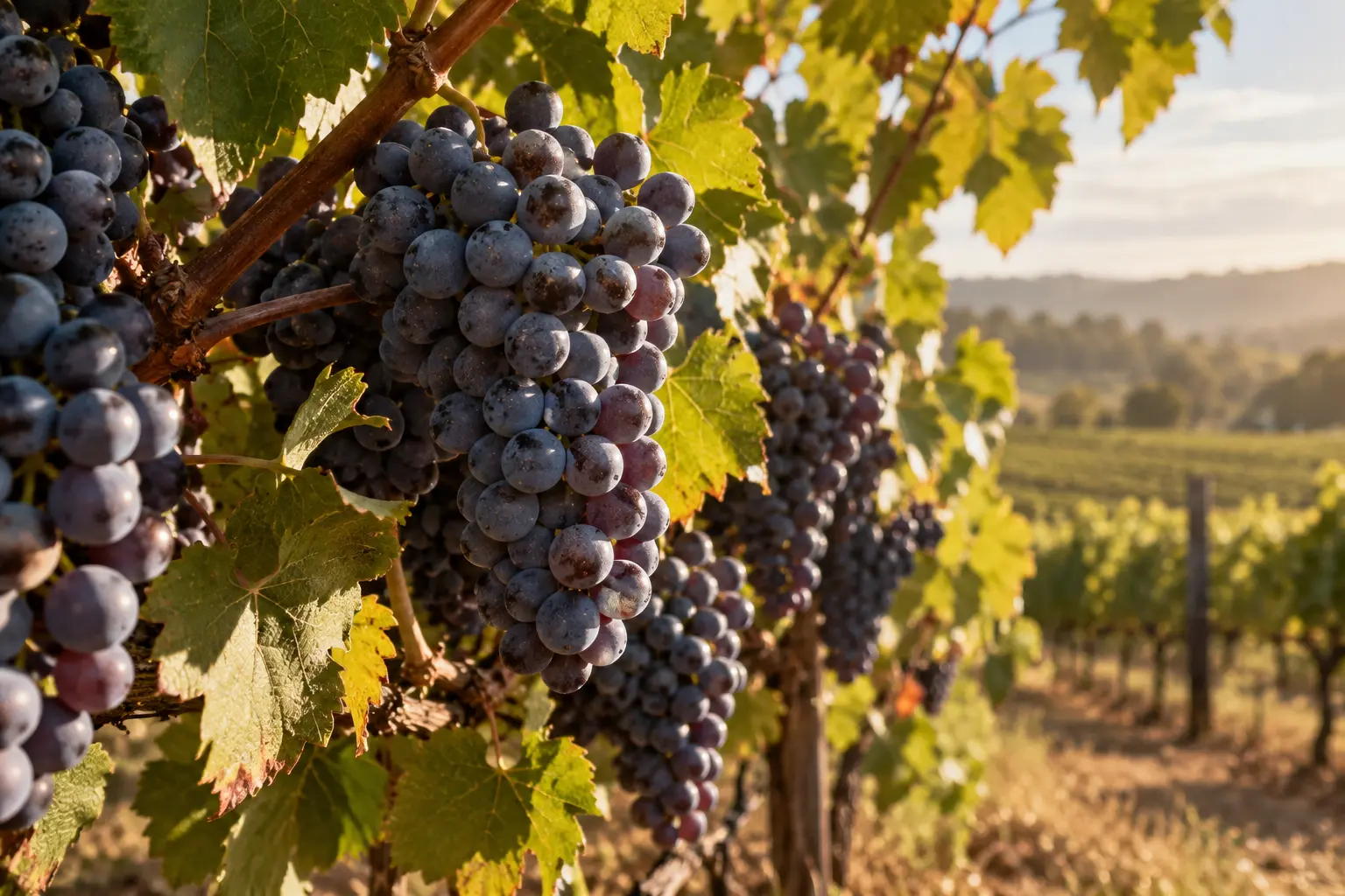 Ripe wine grapes growing in a vineyard