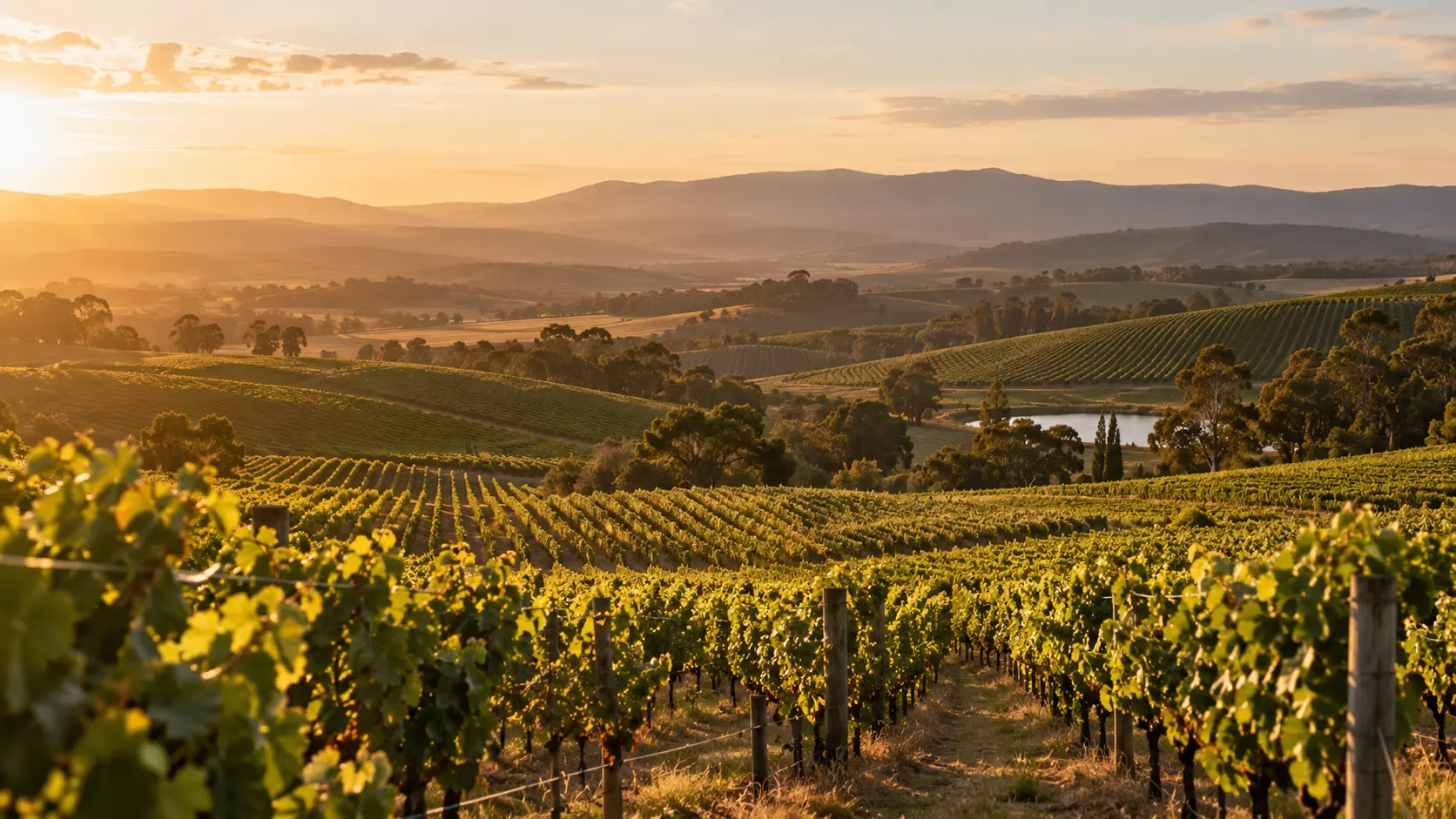 Golden light across rolling vineyard rows