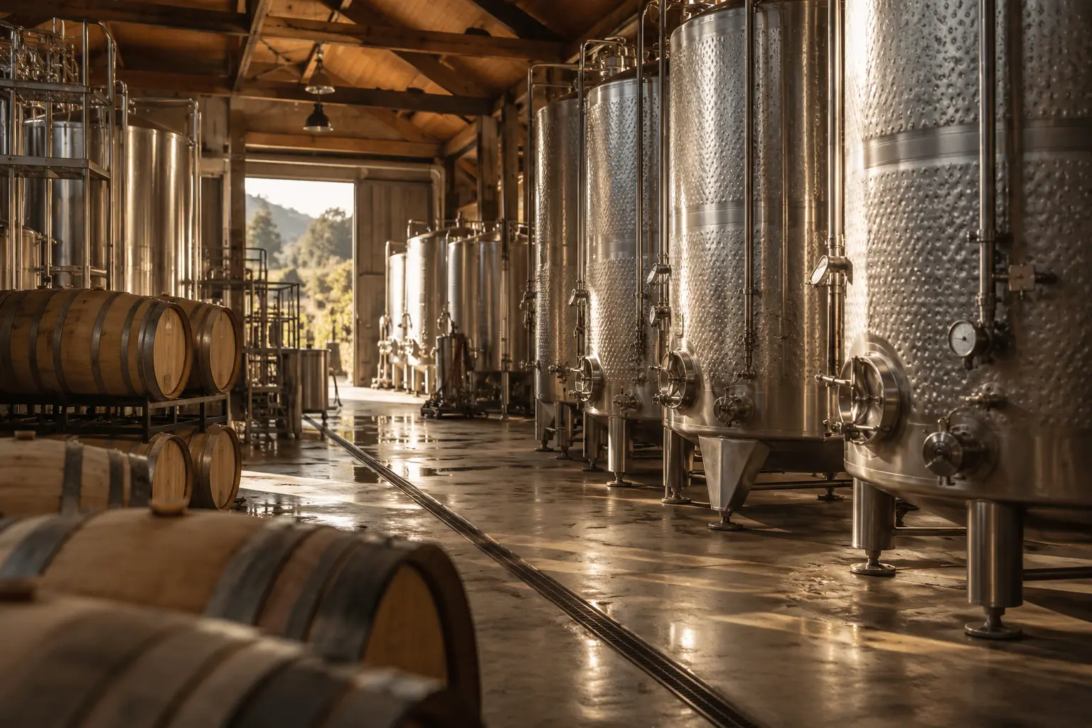 Inside a working winery with tanks and barrels