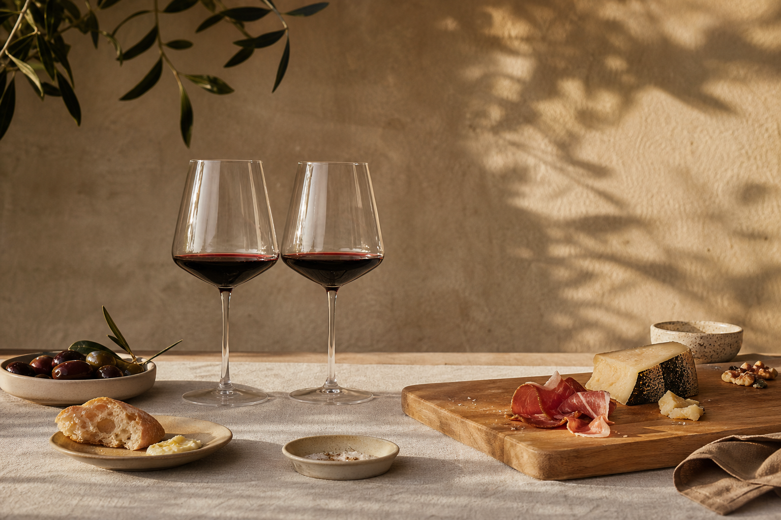 Two glasses of red wine served with food
