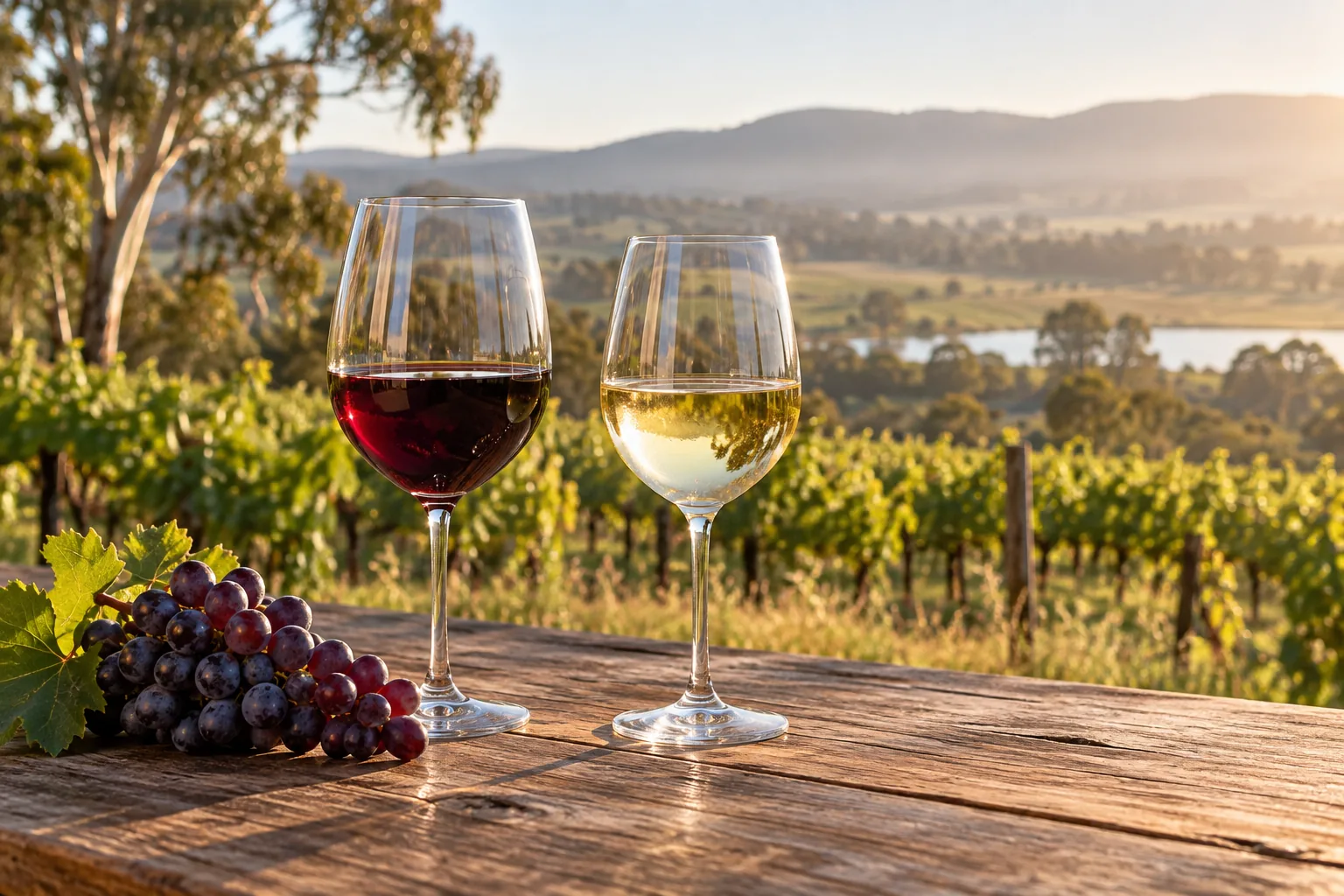 Red and white wine with grapes in an Australian vineyard