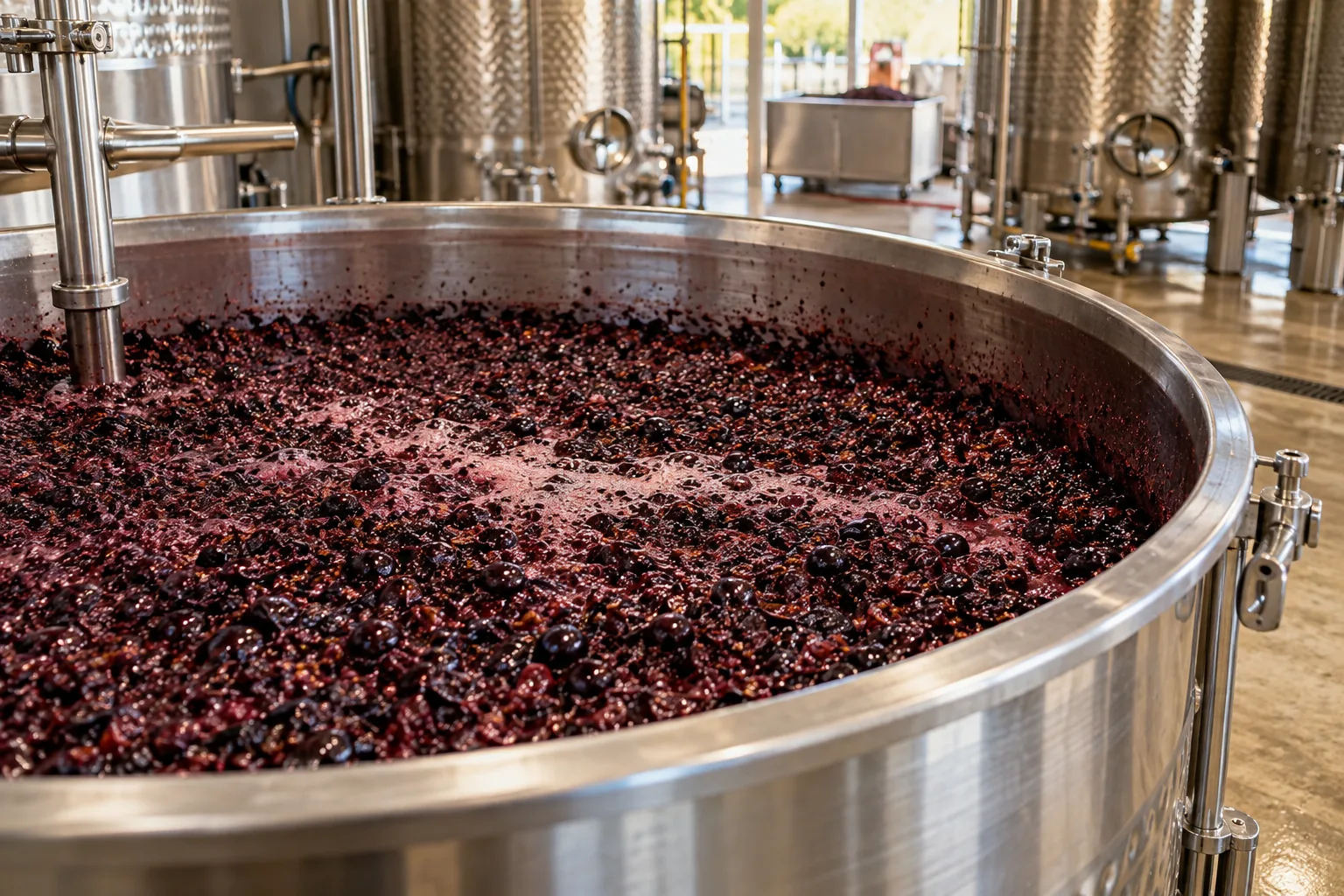 Red wine fermenting on grape skins in an open stainless-steel vessel